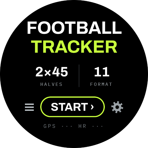 MatchDay start screen: two halves of 45 minutes, 11-a-side, with a START button and GPS and heart-rate status.