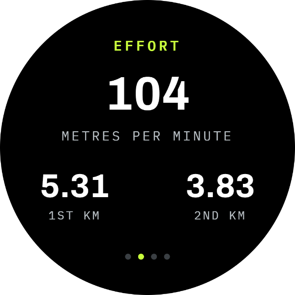 Effort screen: 104 metres per minute played, split by half.